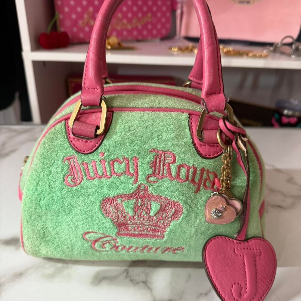 Y2K Juicy Couture “Juicy Royal Couture” Green & Pink Mini Bowler Bag. SOLD